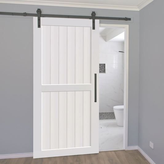 2-Panel White Solid Pine Core Interior Barn Door Slab Lifestyle Picture