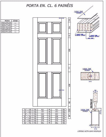 6-Panel Colonial Solid Pine Unfinished Interior Door CAD Drawing